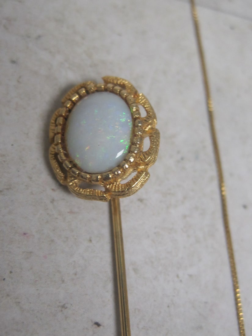 18" 14k Gold Chain with Faux Opal Pendant, Earrings, & Stick Pin - 3