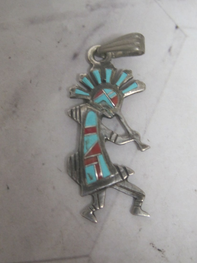 Sterling Silver Kokopelli Pendant with Turquoise & Coral Inlay: Weighs 1.7 grams, Signed 