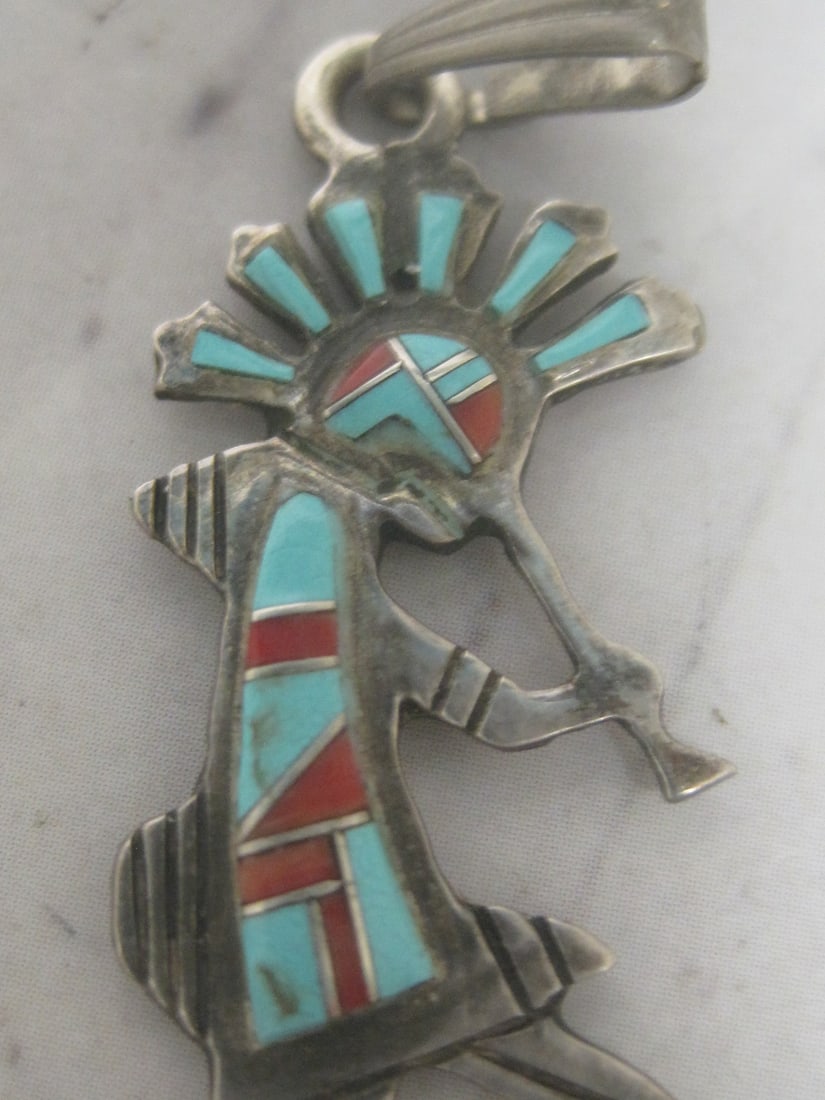 Sterling Silver Kokopelli Pendant with Turquoise & Coral Inlay - 2