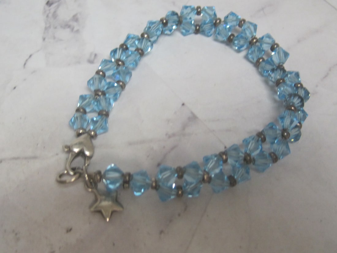 8" Vintage Blue Crystal Bracelet with Sterling Silver Clasp, Charm, & Beads: . 