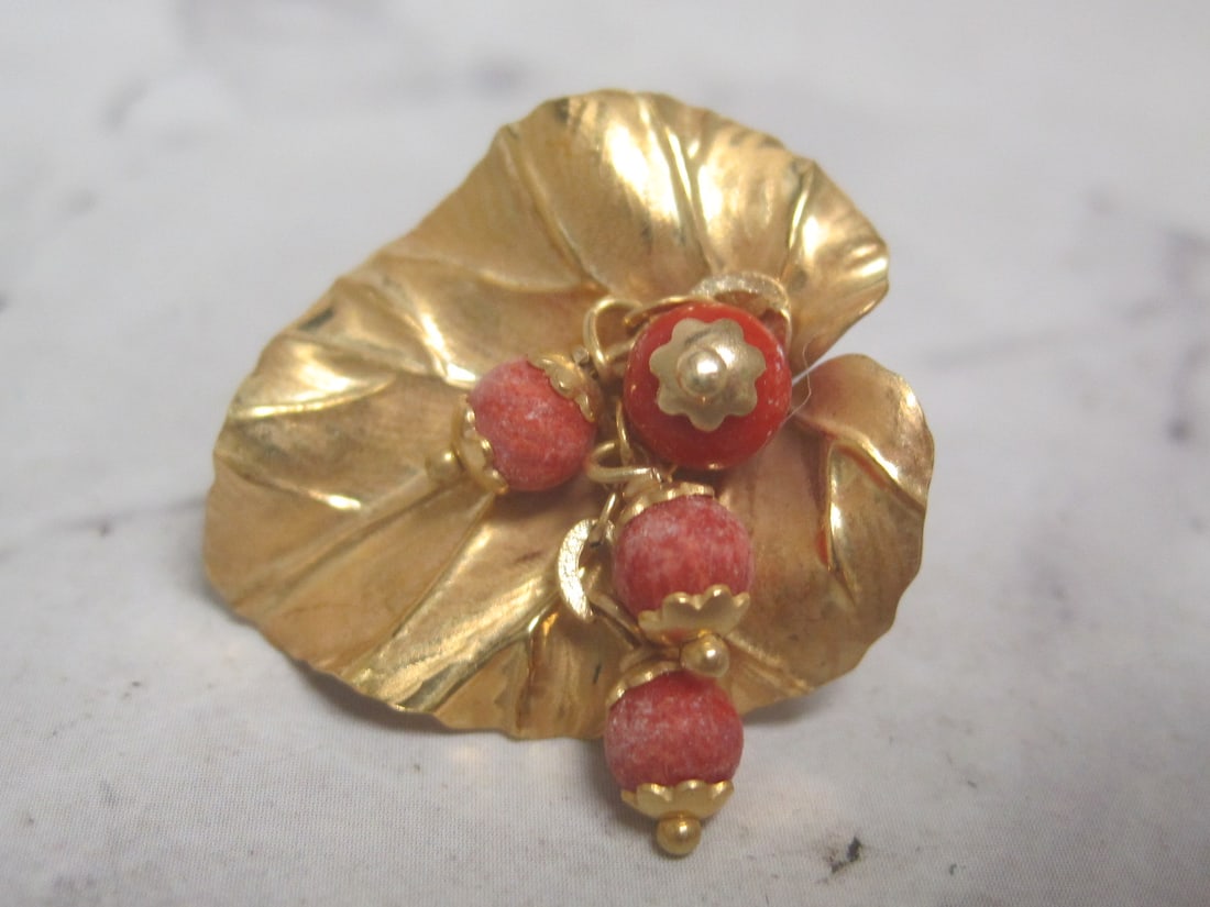 14k Gold Leaf Pierced Earrings with Coral Beads - 3
