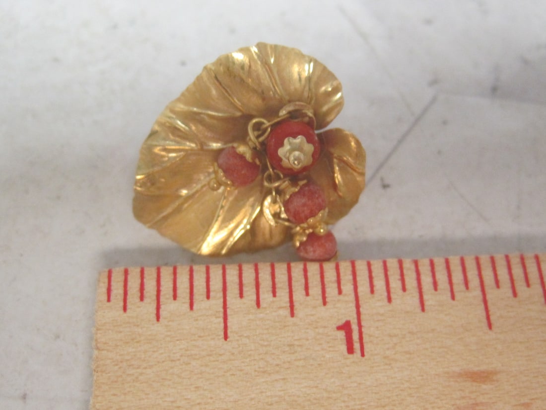 14k Gold Leaf Pierced Earrings with Coral Beads - 4