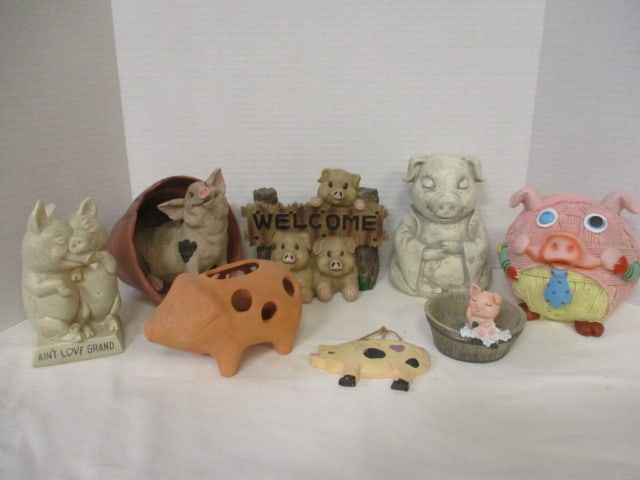 Outdoor Related Pig Figurines Grouping: .