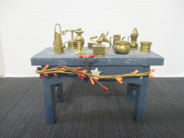 Wood Table w/Miniature Brasss Items: 7 x 3 1/2 x 4 