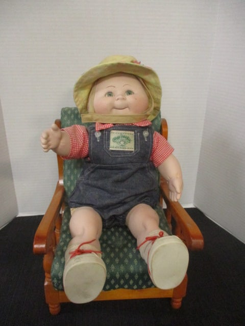 Cabbage Patch Style Doll signed by Hilda McCall 1987 & Doll Chair: . 