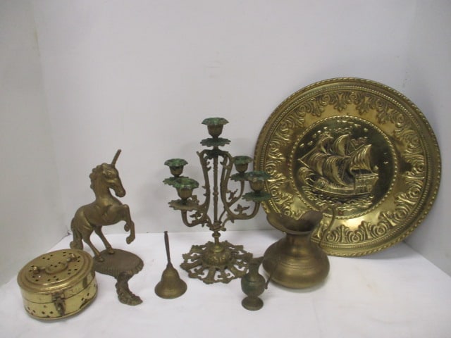 Brass Grouping-Unicorn, Pitchers, Wall Plate, Candleabra: .