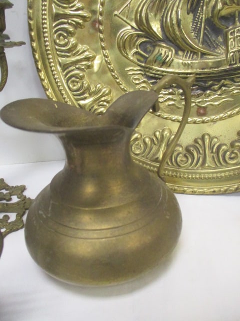 Brass Grouping-Unicorn, Pitchers, Wall Plate, Candleabra - 3