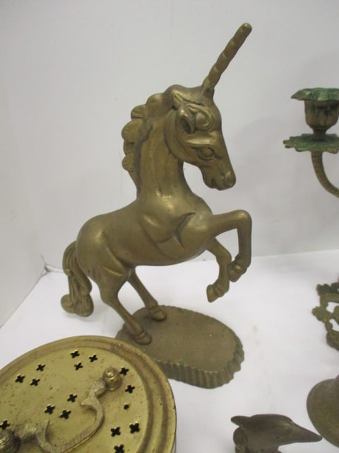 Brass Grouping-Unicorn, Pitchers, Wall Plate, Candleabra - 7