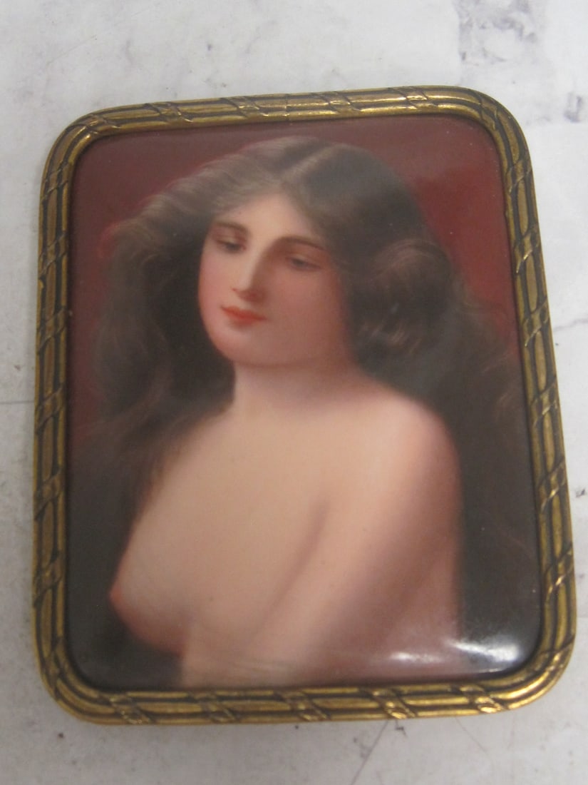 Victorian Miniature Painting of Nude Female: "Solitude Test" on porcelain, long flowing hair, often done by F. Wagner, unsigned, bronze trim, 3 1/2" x 3", 1890's 