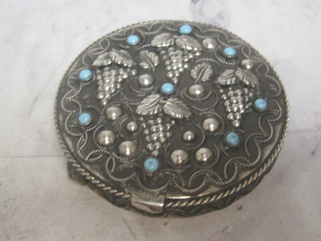 Vintage Silver Compact with Blue Stones: 2 3/4" diameter, inner mirror 