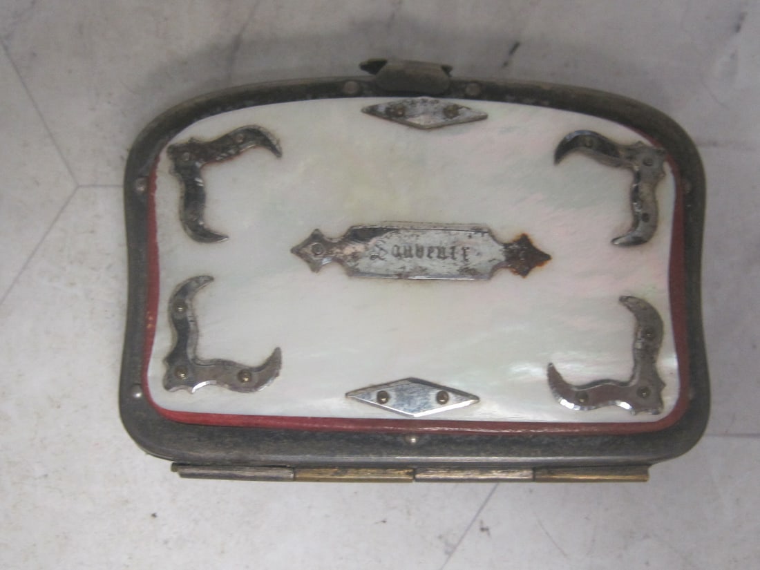 19th Century Grand Tour Change Purse: Cut Berlin steel on Mother of Pearl, silk lined, circa 1860, all original, 3" x 2 1/4" 