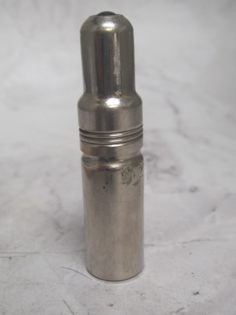 Antique Perfume Bottle: Glass inside a metal thermos type holder, purse style, 2 1/2"