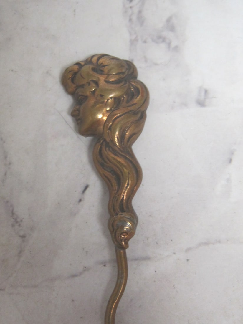 Art Nouveau Figural Hat Pin: Female bust, brass, 5 3/4"