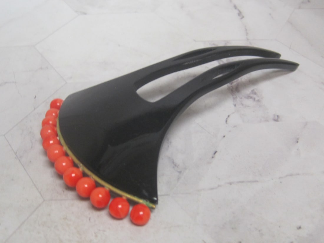 Vintage Hair Comb or Ornament: Bakelite type material, coral color bead trim, 5 1/4" 