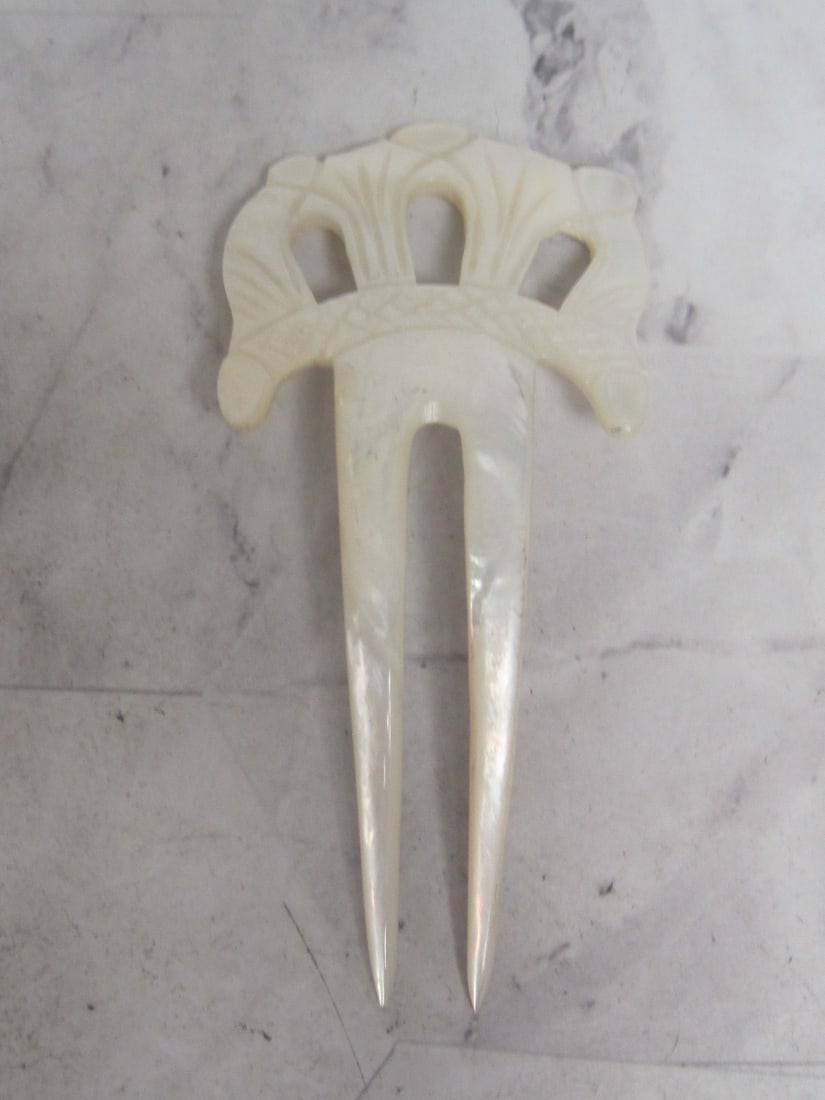Antique Carved Mother of Pearl Hair Ornament: 3 1/2" 