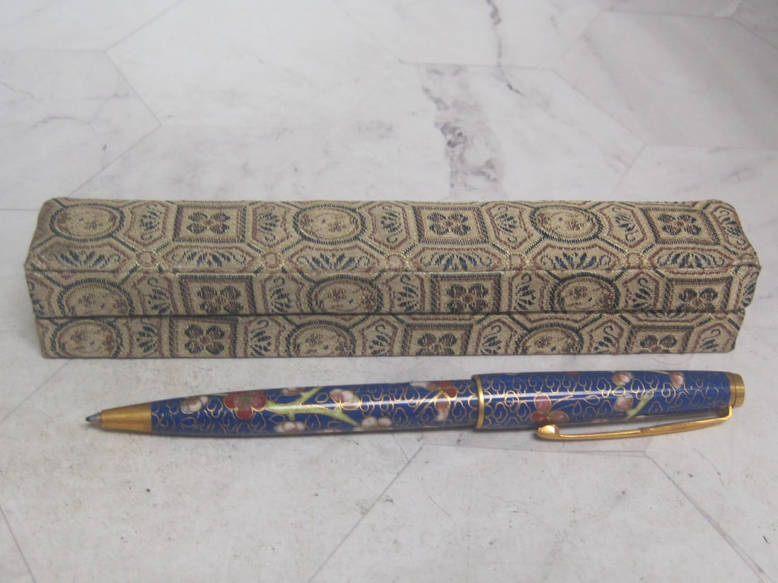 Cloisonne Pen: Floral on rich blue, fancy wirework, in original box from China, 1970's