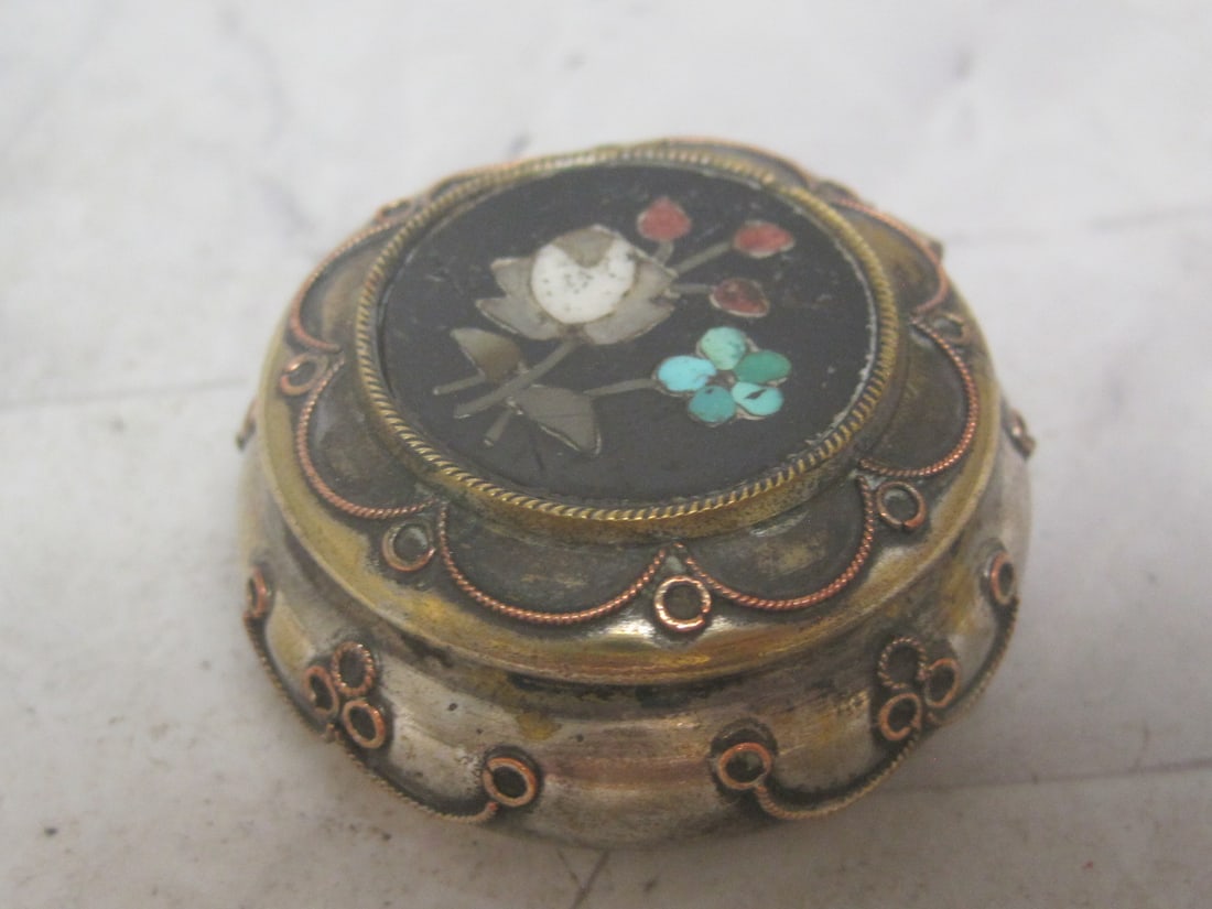 Victorian Pietra Dura Inlaid Trinket Box: Ornate brass work, 1 3/4", circa 1880 