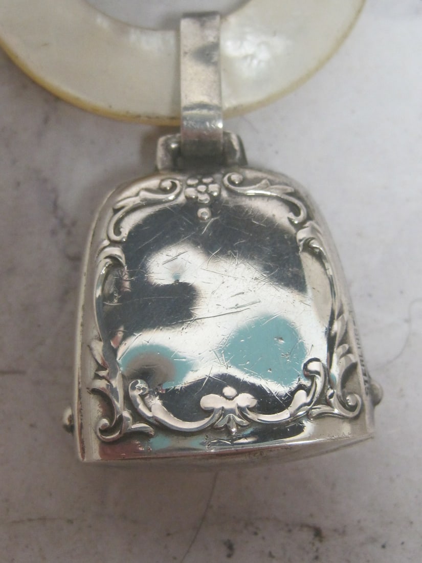 Antique Sterling Silver Baby Rattle with Mother of Pearl Teething Ring - 2