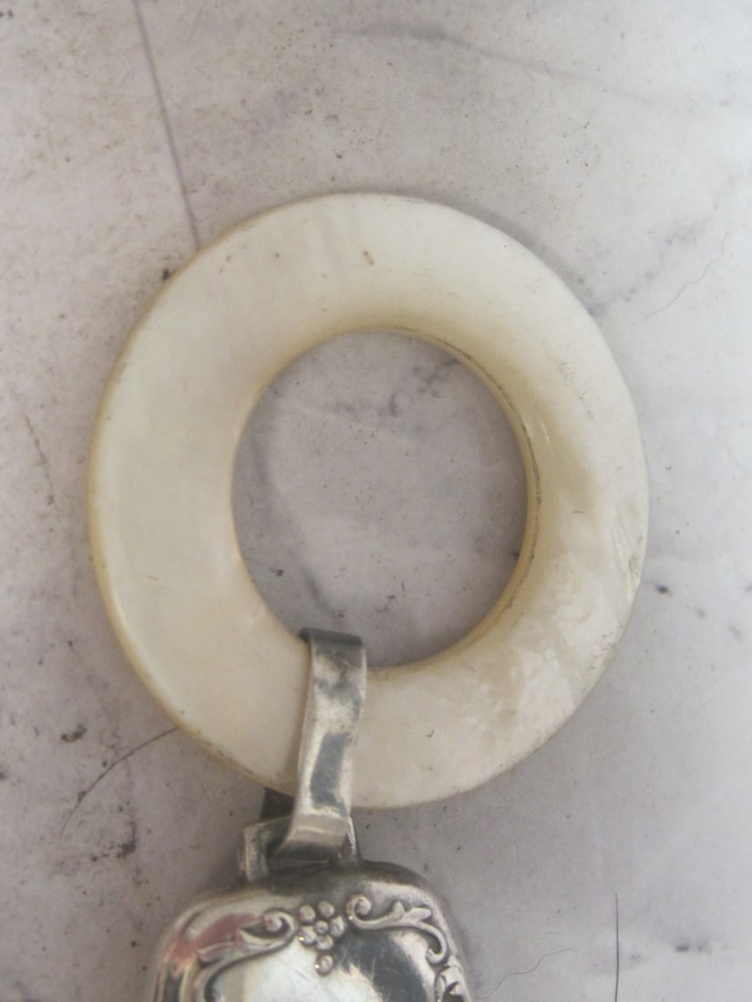 Antique Sterling Silver Baby Rattle with Mother of Pearl Teething Ring - 3