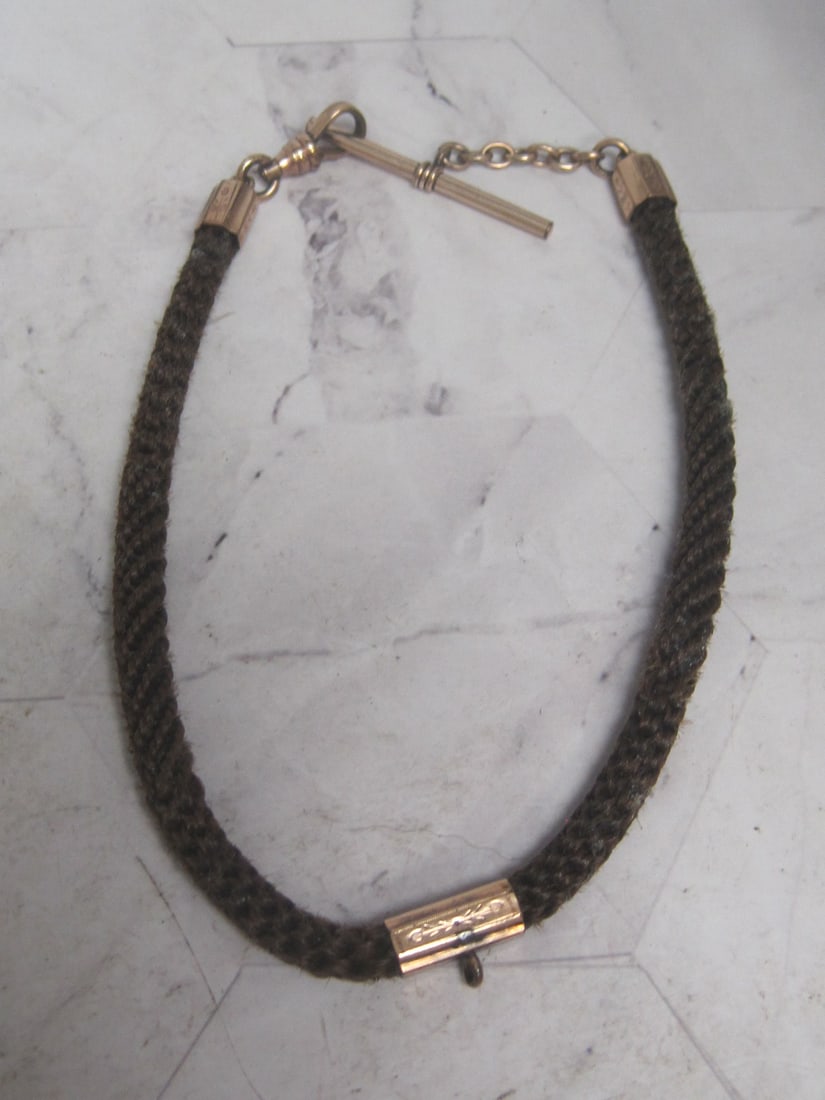 Rare 19th Century Woven Hair Watch Chain: Finely braided, gold-filled ends, 12" long