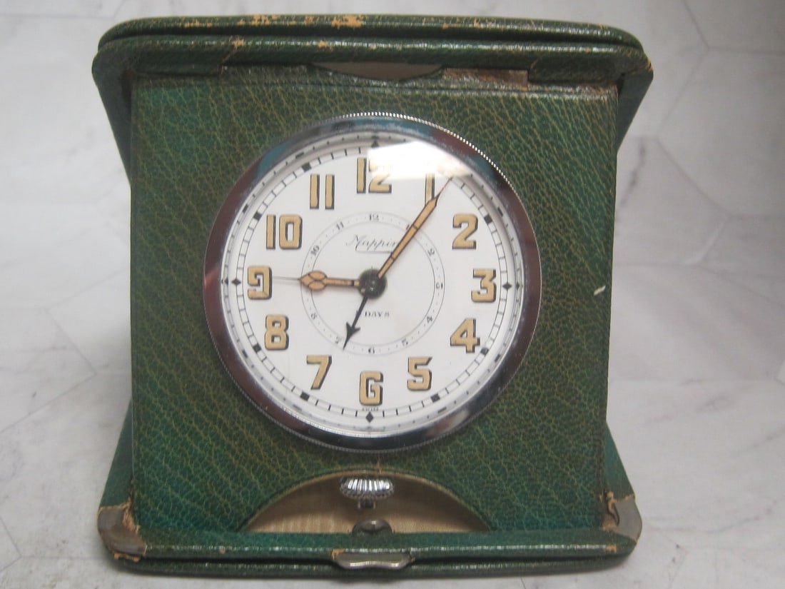 Art Deco Travel Clock by Mappin in Green Eel Skin Case: Alarm Model, 4" x 4" 