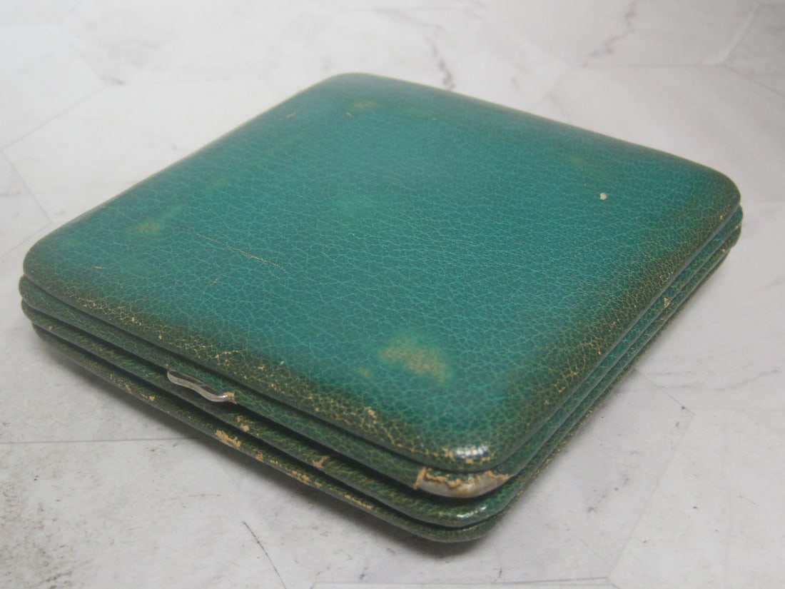 Art Deco Travel Clock by Mappin in Green Eel Skin Case - 6