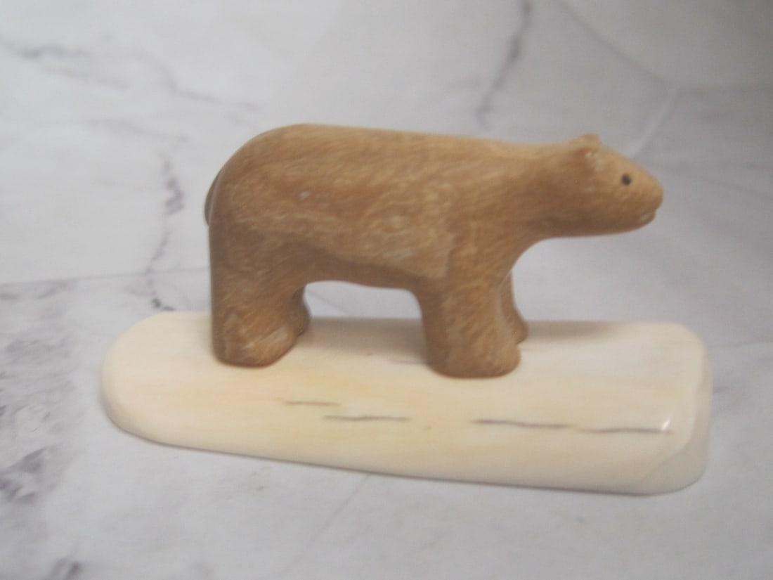 Alaska Carved Polar Bear Fossilized Figurine: 1 1/4" x 2 1/2"