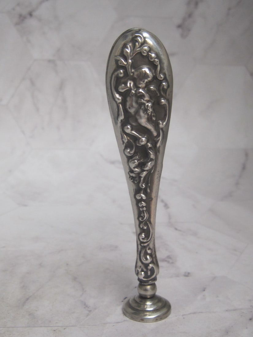 Victorian Sterling Silver Wax Seal for Letters & Monograms: Art Nouveau sterling silver handle with cherub, 4 1/4" 