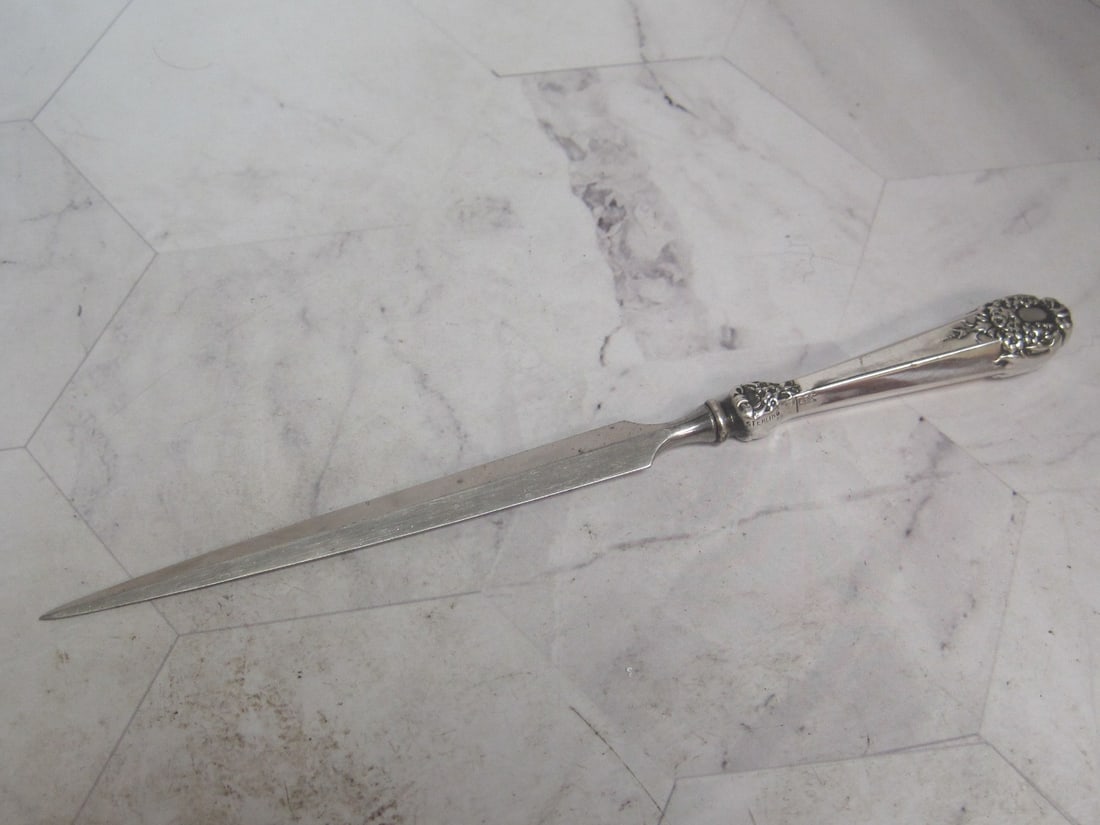Antique Sterling Silver Handled Letter Opener: Fancy floral, 6 3/4" long 