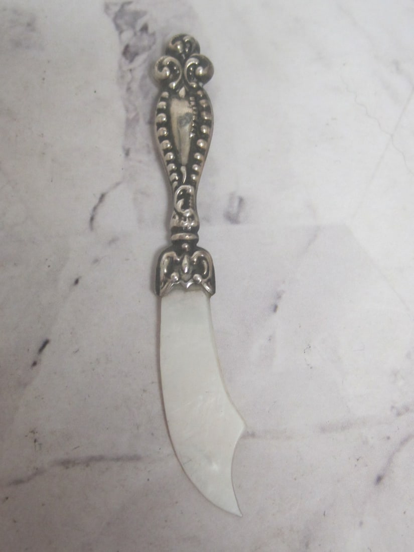 Antique Sterling Silver Miniature Dagger: Carved Mother of Pearl blade, 3" long