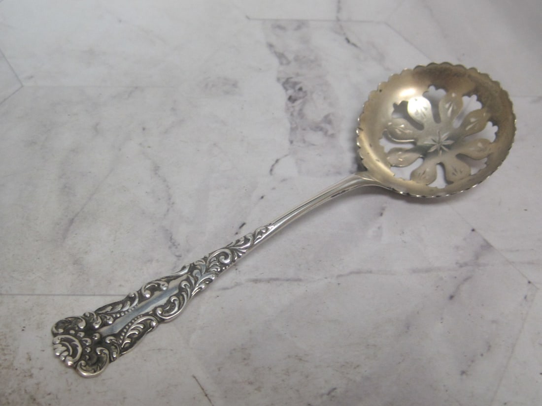 Antique Sterling Silver Nut or Bon Bon Spoon: Weighs 13.1 grams, Fancy goldwash bowl, circa 1890's, 5"