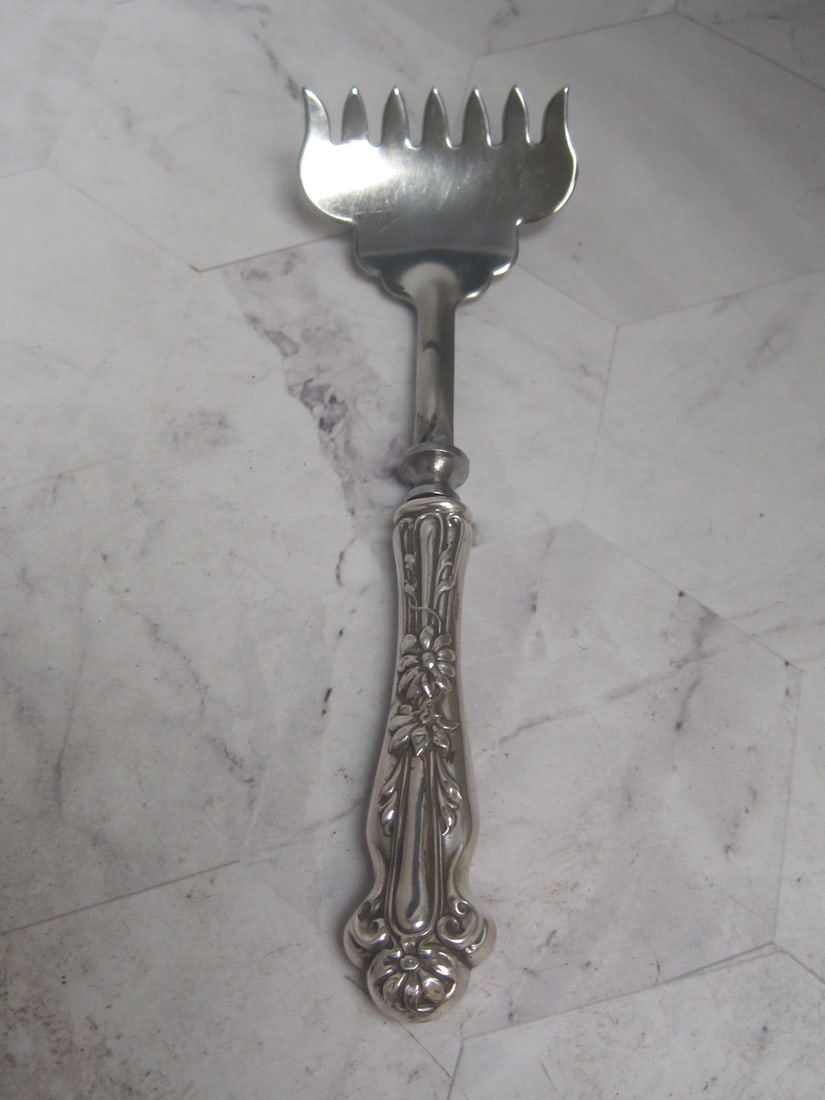 Vintage Sterling Silver Handled Sardine Serving Fork: Ornate floral design, 6 1/8" 