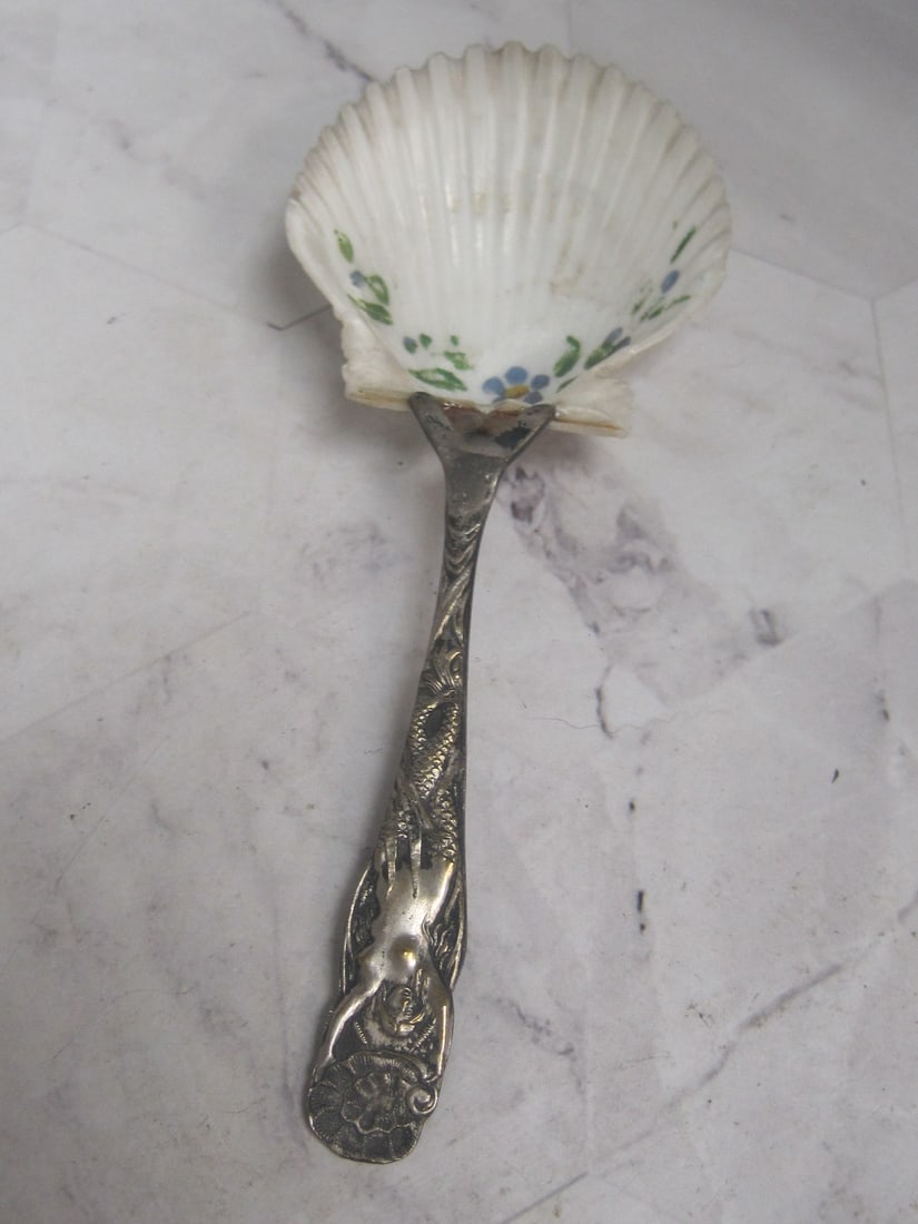 Unusual Art Nouveau Victorian Serving Spoon: Mermaid on silverplate handle, handpainted genuine shell bowl, circa 1890, 5 1/4"