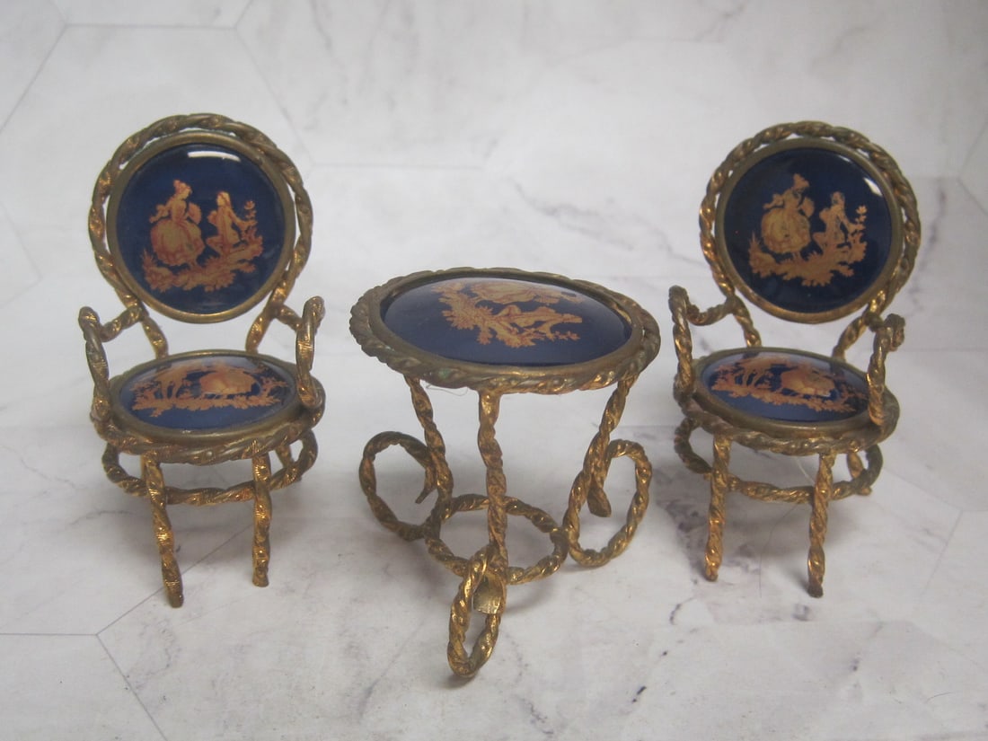 3 Piece French Limoges & Brass Miniature Table & Chairs: Courting scenes on cobalt, 2" tall table, 2 1/2" chairs 