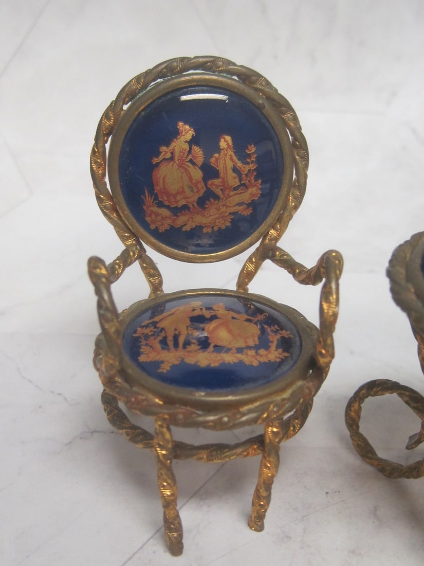 3 Piece French Limoges & Brass Miniature Table & Chairs - 2