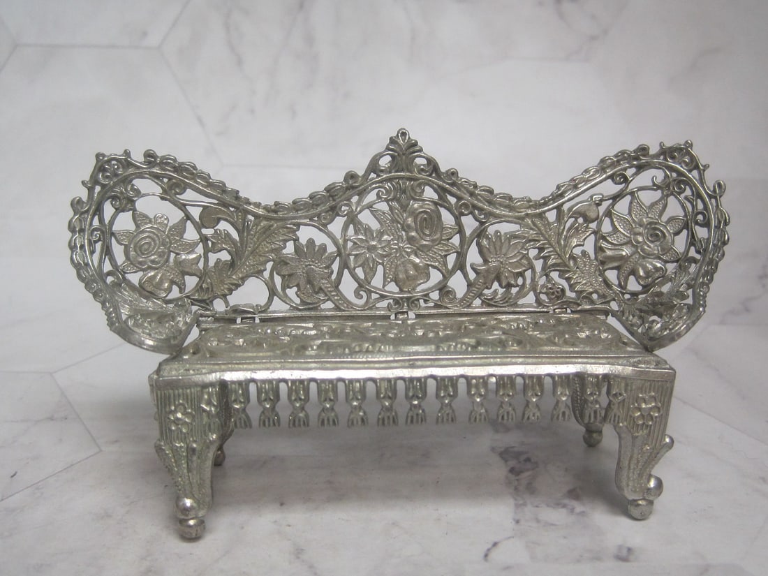 Antique Miniature Sofa: Elaborate openwork, metal, 2 1/2" tall, 4 1/2" long 