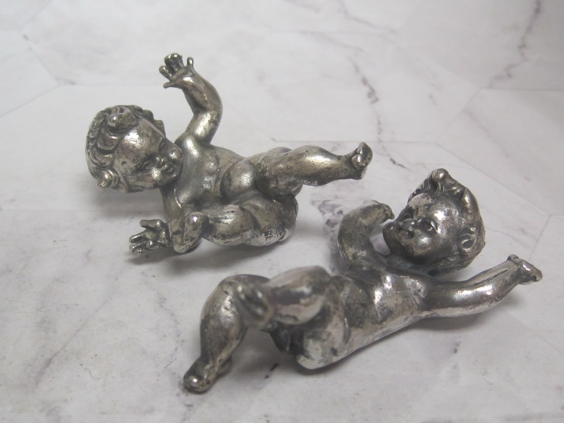 Pair of Antique Silverplate Cherub Figurines or Putti: 2 1/2" 