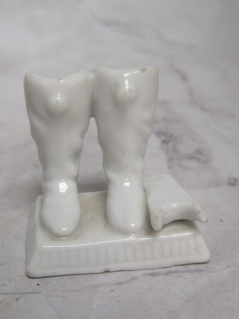 Victorian Staffordshire Pottery Figural Match Holder: Pair of boots with striker sides, 1 1/2"