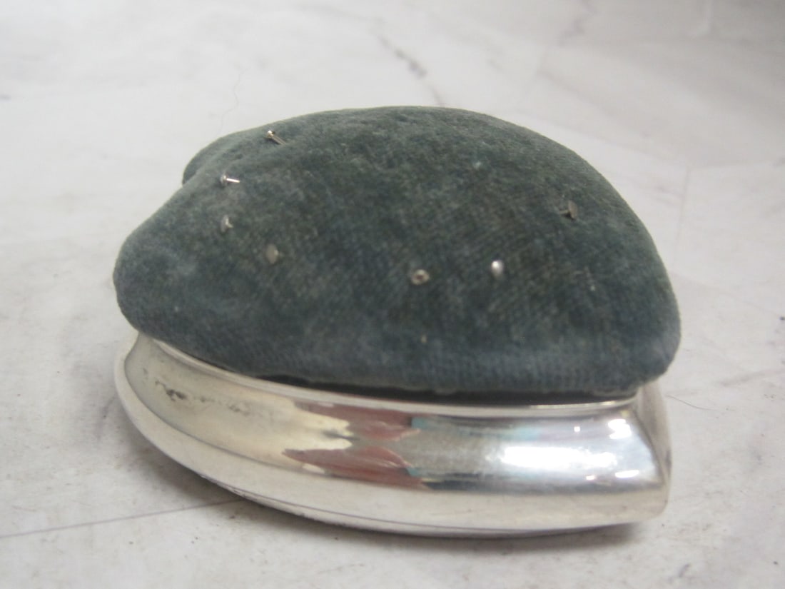 English Sterling Silver Pin Cushion: Spade shape with hallmarks, circa 1915, velvet cushion 