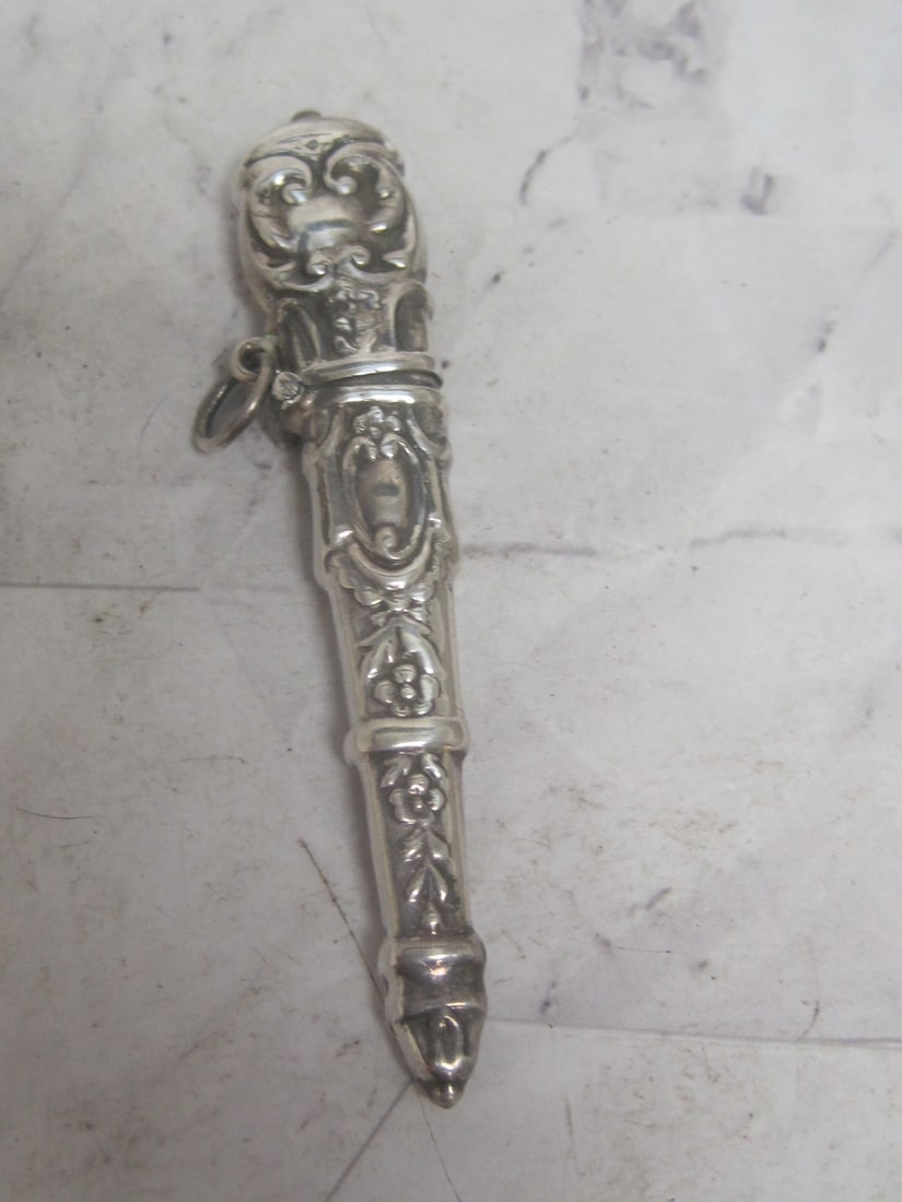 Sterling Silver Needle Case: Weighs 13.1 grams, Art Nouveau with loop for chatelaine or pendant, 3 1/2" 