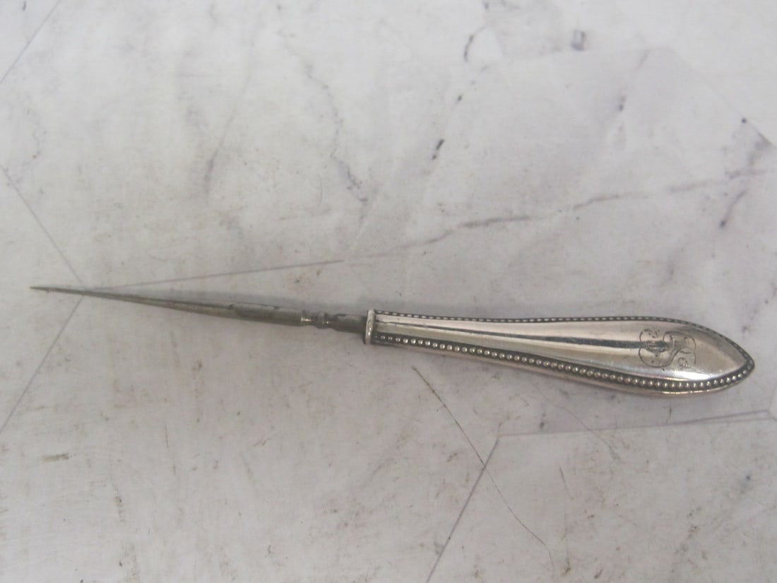 Antique Sterling Silver Sewing Hole Punch: Beaded design sterling silver handle, 4 7/8" 