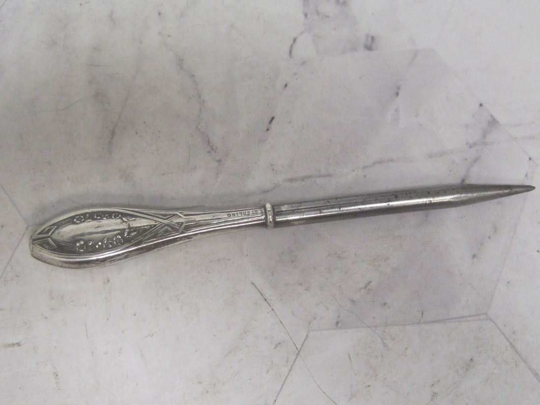 Antique Sterling Silver Sewing Hole Punch: Art deco sterling silver handle, 5" 