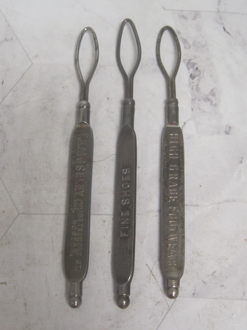 Lot of 3 Antique Shoe Button Hooks with Advertising: 5" long 