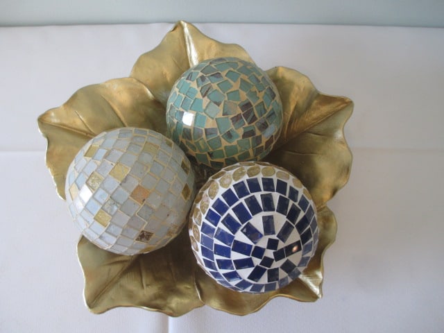 Gold Gilded Molded Leaf Bowl with Mosaic Orbs - 2