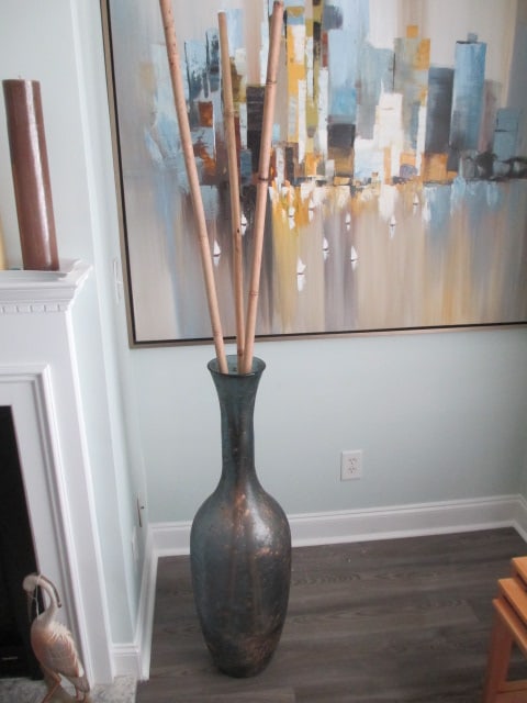Large Metallic Accent Begonia Shaped Floor Vase with Bamboo Stalks: Vase 39 1/2"h, Local Pickup Only