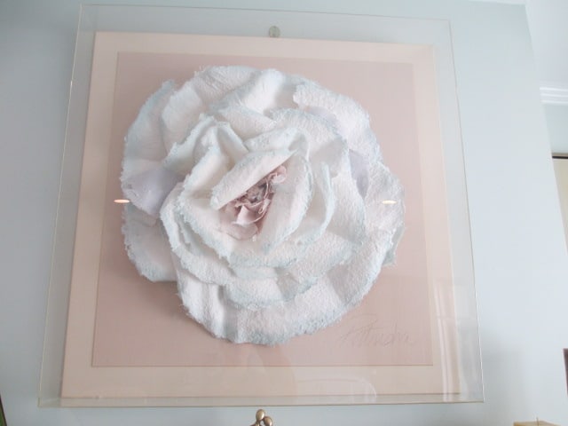 Pencil Signed Framed 3 Dimensional Cast Paper Floral Relief in Plexiglass Shadowbox Frame: 36 1/2" x 36 1/2" x 5 1/2", signed Patrica in lower right corner, mixed media floral, Local Pickup Only