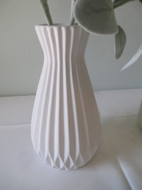 Two White Sculpted Texture Vases with Artificial Arrangements - 5