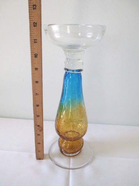 Blue and Amber Crackle Glass Pillar Candle Holder - 5