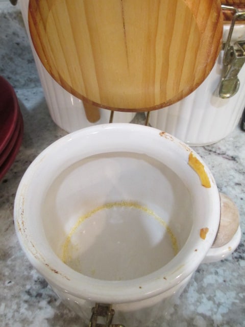 3 Piece White Ceramic Canister Set with Wood Lock Lids and Wood Spoon Scoops - 3