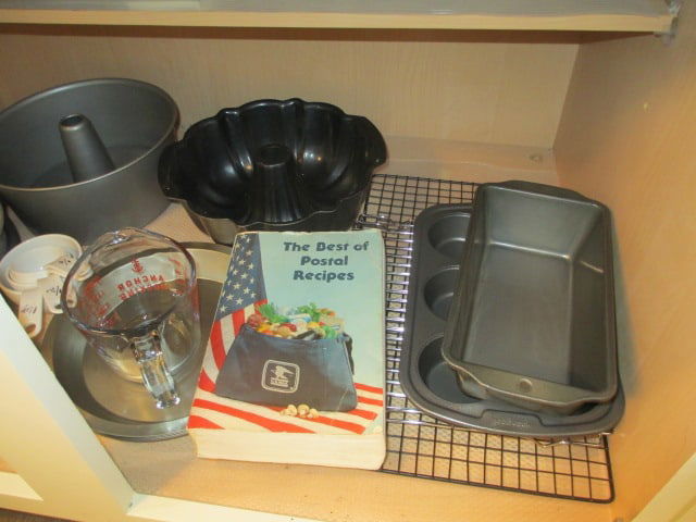 Baking Grouping-"The Best of Postal Recipes" Cookbook, Non Stick Cake Pans, - 5